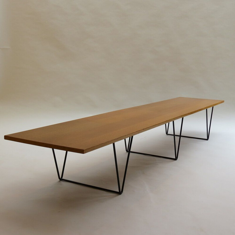 Long vintage Oak Bench side Table with Black Metal Legs in the style of Hille Interplan 1960s