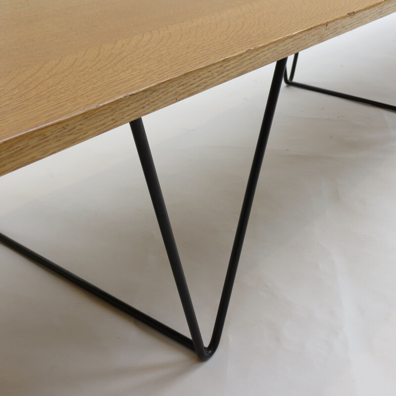 Long vintage Oak Bench side Table with Black Metal Legs in the style of Hille Interplan 1960s