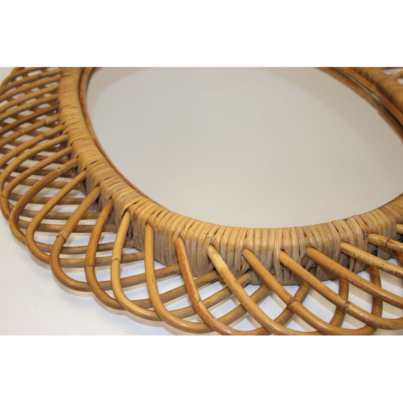 Large vintage oval bamboo mirror 1950s