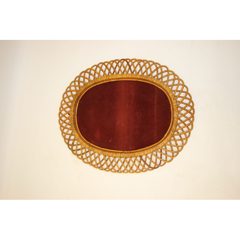 Large vintage oval bamboo mirror 1950s