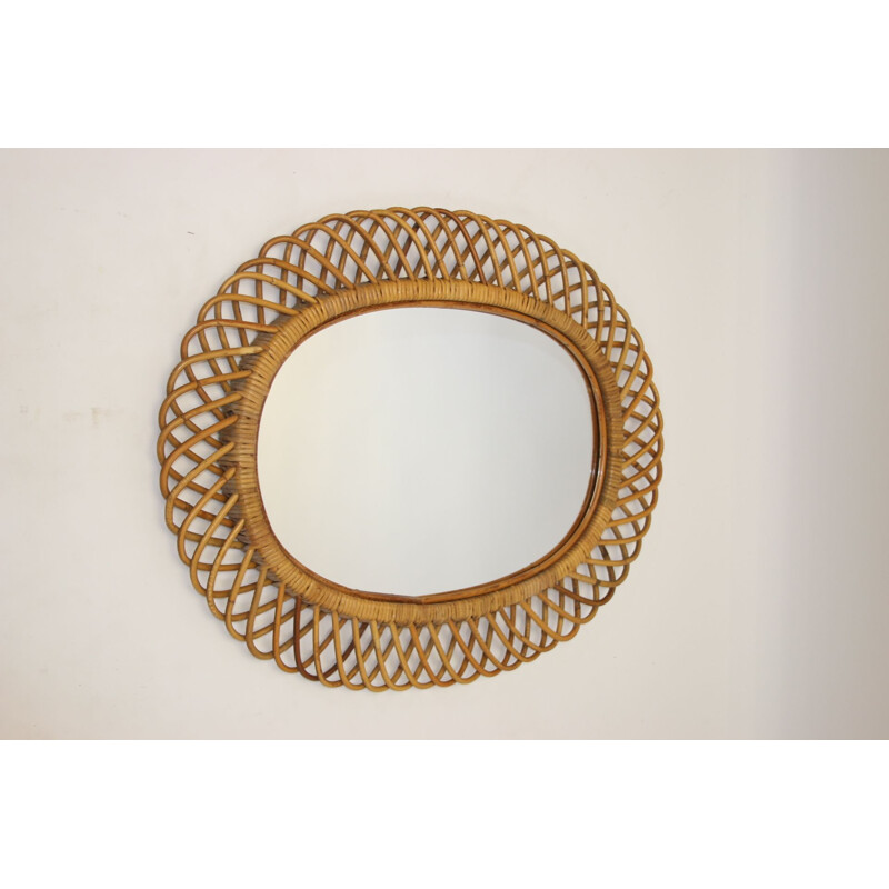 Large vintage oval bamboo mirror 1950s