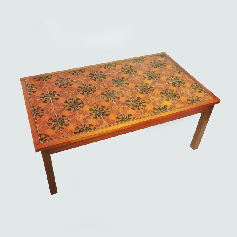 Vintage Wooden and Decorative Ceramic Tiled Coffee Table, 1970s