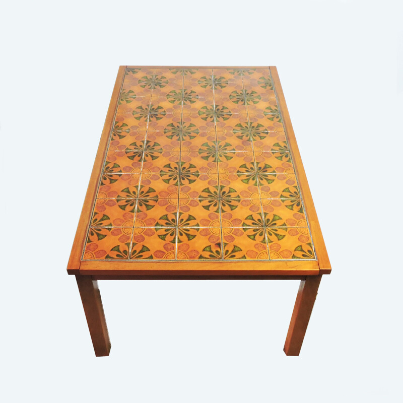 Vintage Wooden and Decorative Ceramic Tiled Coffee Table, 1970s