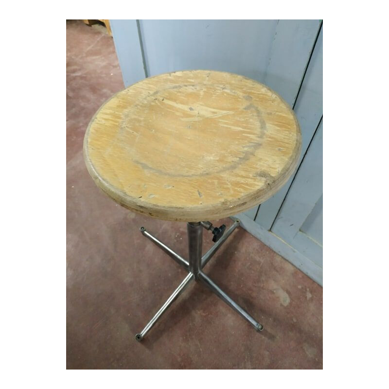 Vintage factory stool in brushed metal