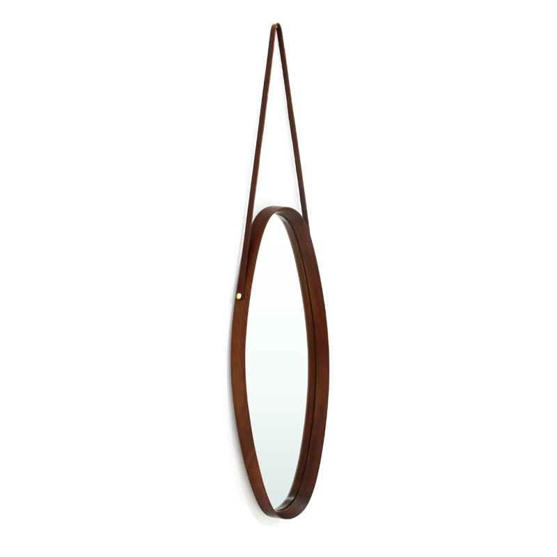 Miroir vintage ovale avec cadre en teck 1960