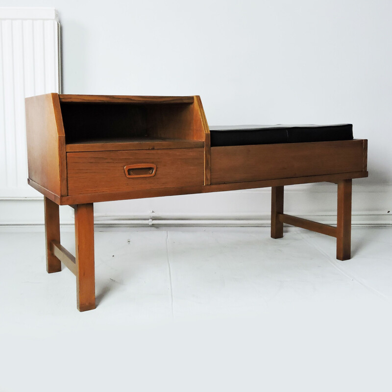 Vintage wooden telephone bench with vinyl seat 1960's