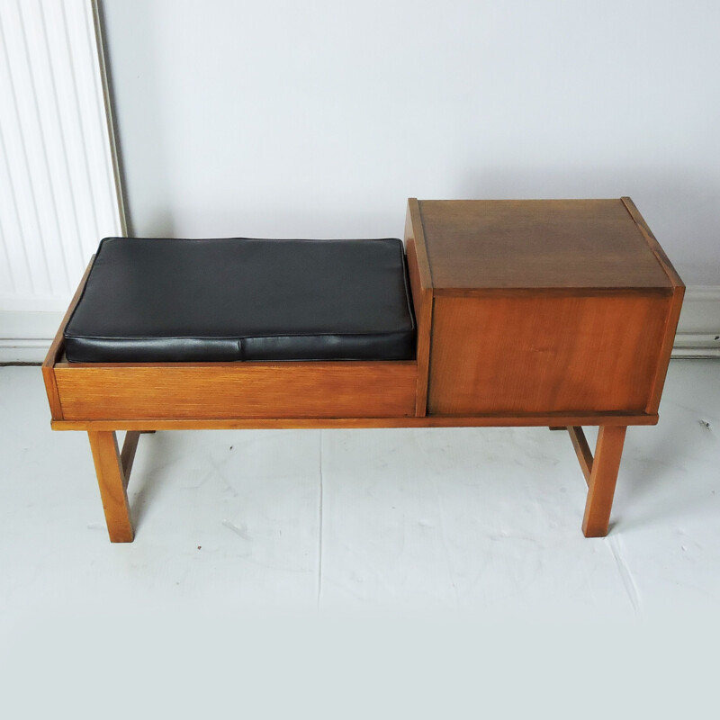 Banc téléphonique vintage en bois avec siège en vinyle 1960