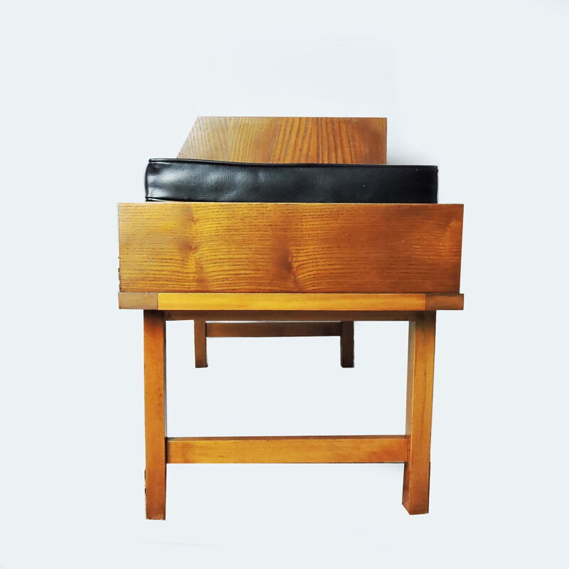 Banc téléphonique vintage en bois avec siège en vinyle 1960