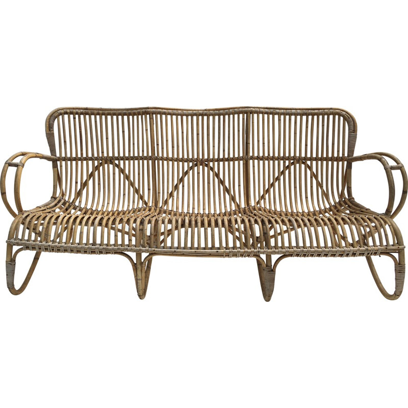 Vintage 3-seater rattan sofa by Rohe Noordwolde, Netherlands 1960