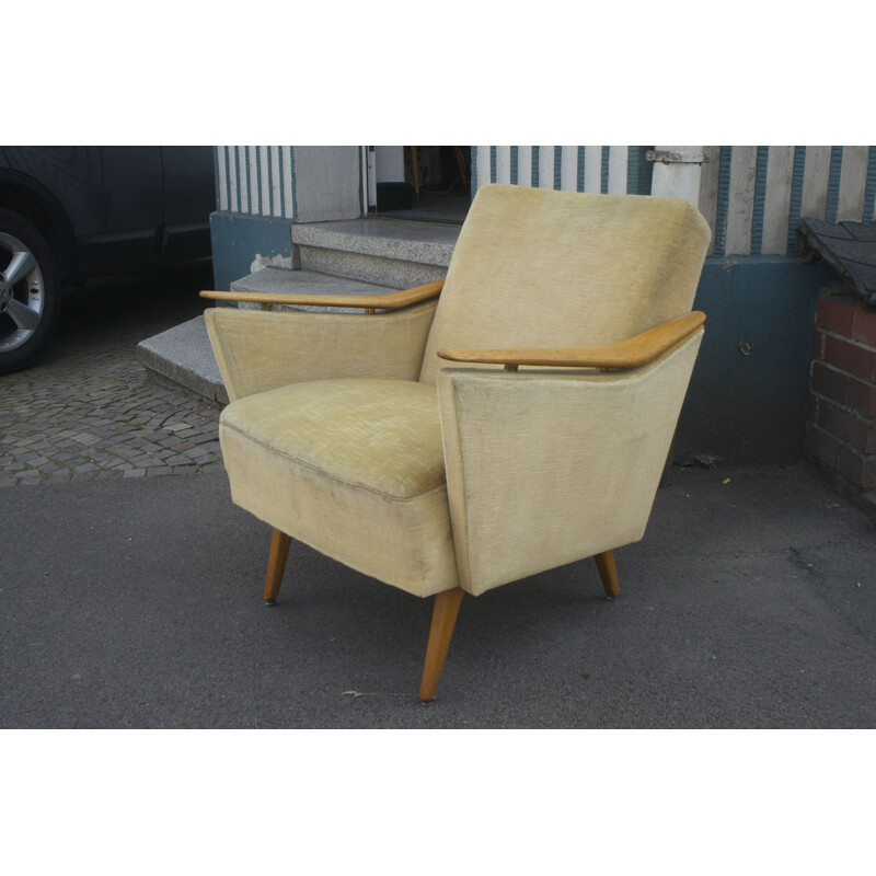 Vintage Armchair in Yellow with wooden Armrests 1950s