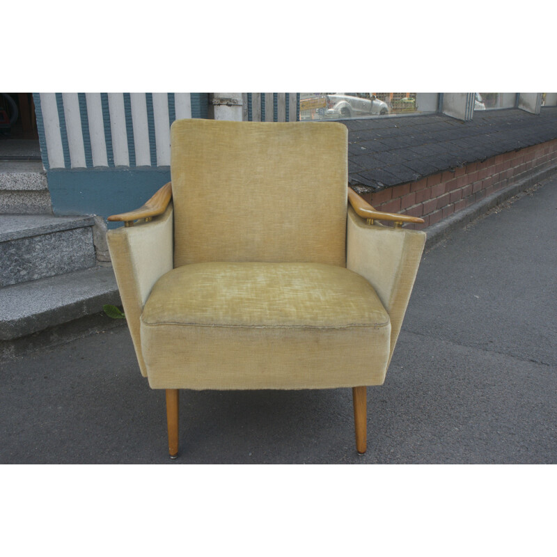 Vintage Armchair in Yellow with wooden Armrests 1950s