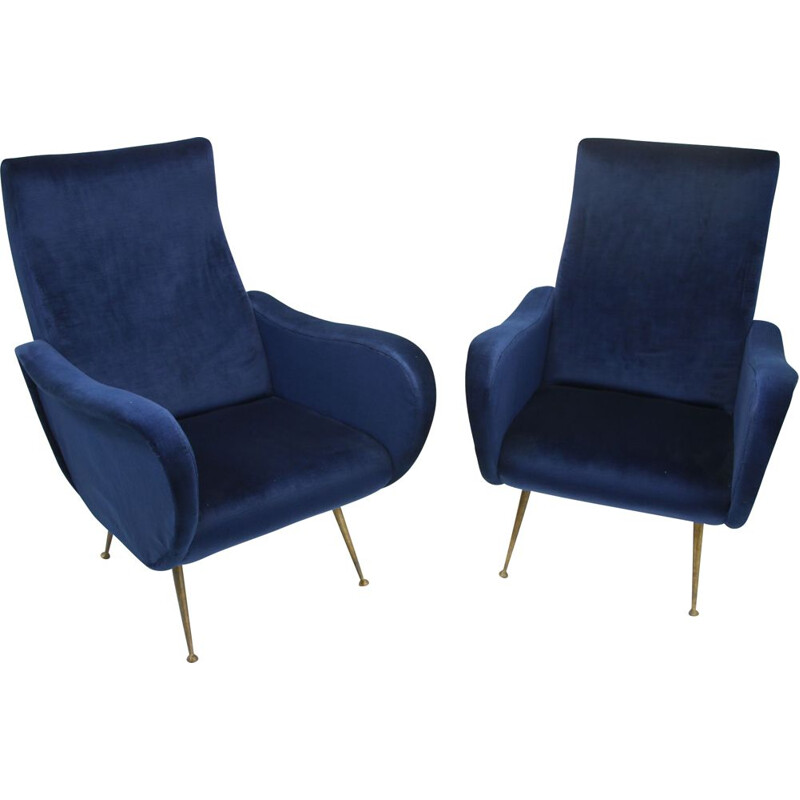 Ensemble de fauteuils vintage Marco Zanuso en velours bleu