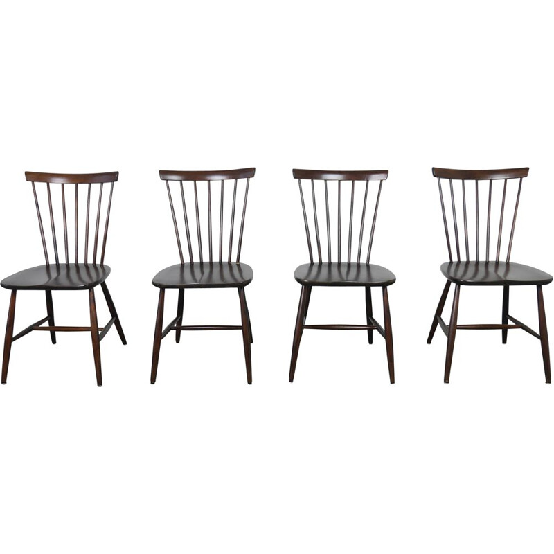 Set of 4 Dark Brown Wooden Dining Chairs by Erik Fryklund for Hagafors, Sweden, 1950s