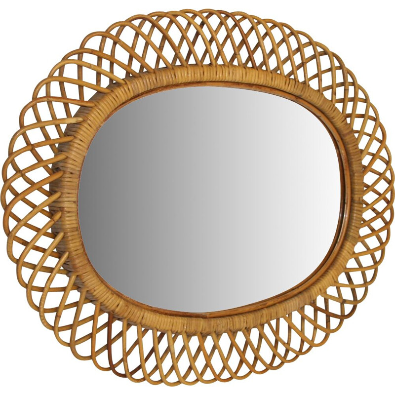 Large vintage oval bamboo mirror 1950s