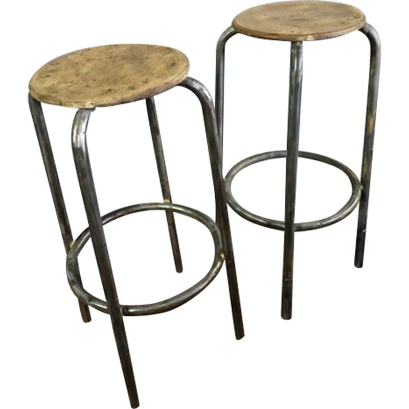 Pair of vintage brushed metal factory stools