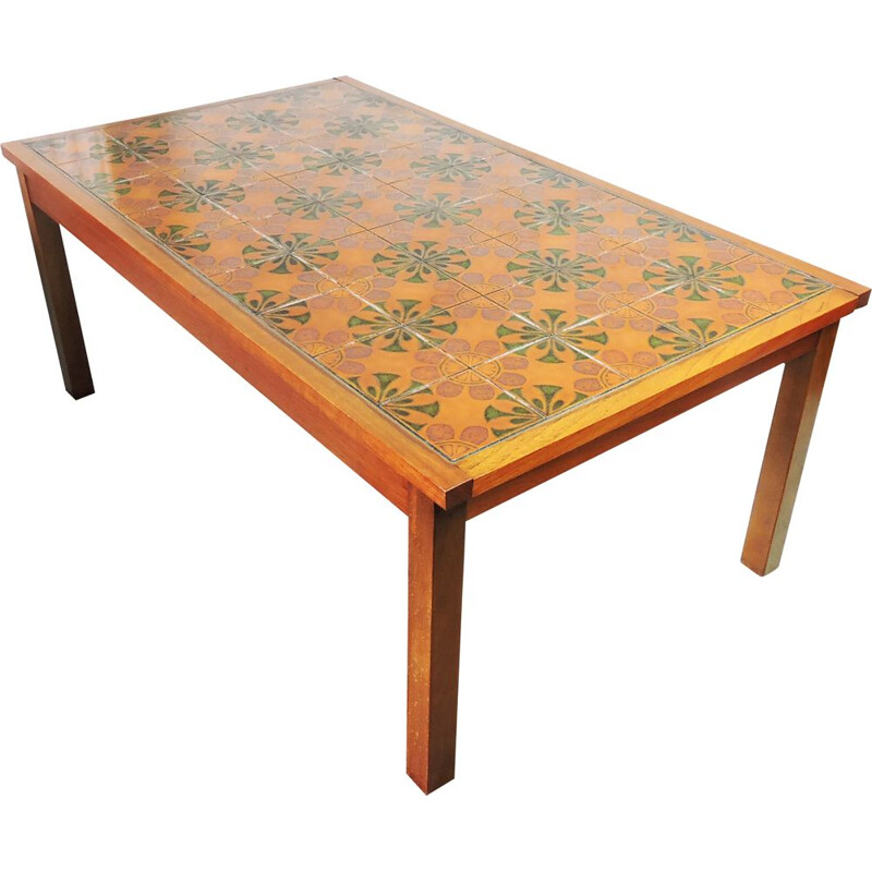Table basse vintage en bois et céramique décorative 1970
