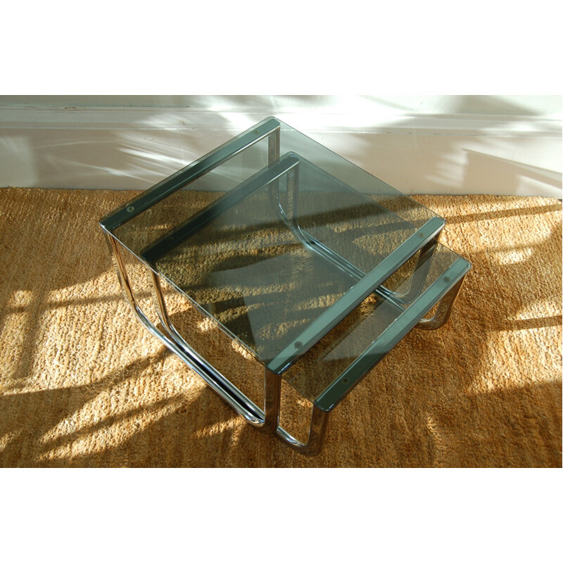 Paire de tables basses vintage en chrome et verre nid d'abeilles 1970