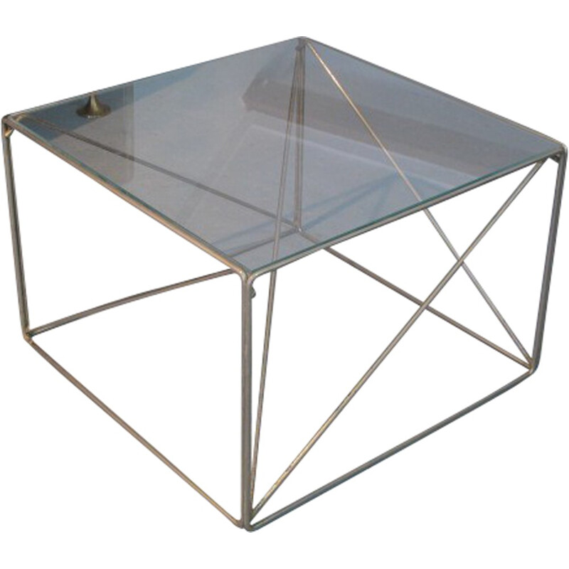 Table d'appoint carrée en acier chromé et verre, Max SAUZE - 1970