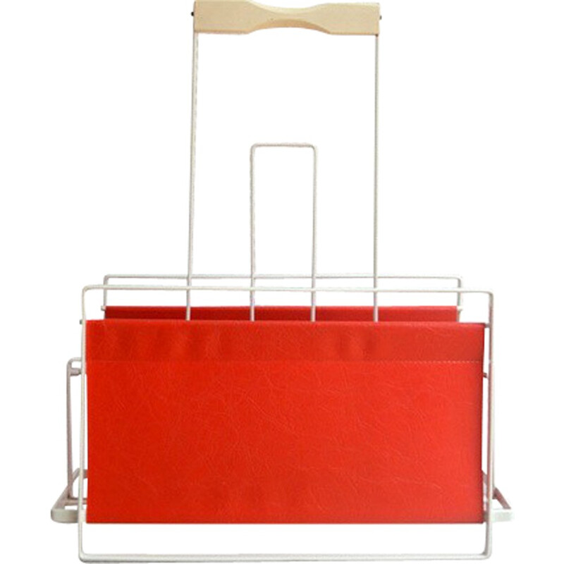 Magazine rack in metal and red leatherette - 1960s