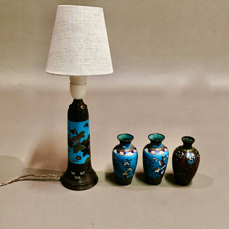 Set of 4 pieces vintage lamp and 3 Scandinavian vases 1950