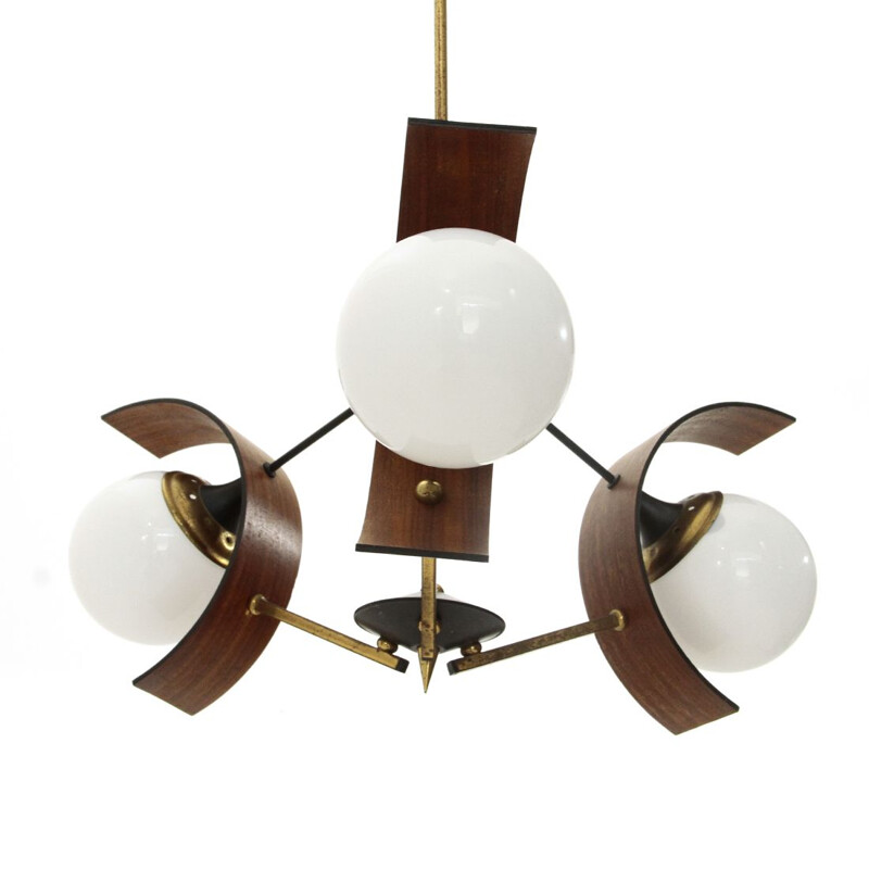Vintage Chandelier with three diffusers in teak, brass and glass, 1960s