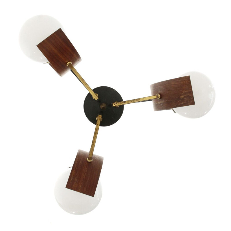 Vintage Chandelier with three diffusers in teak, brass and glass, 1960s