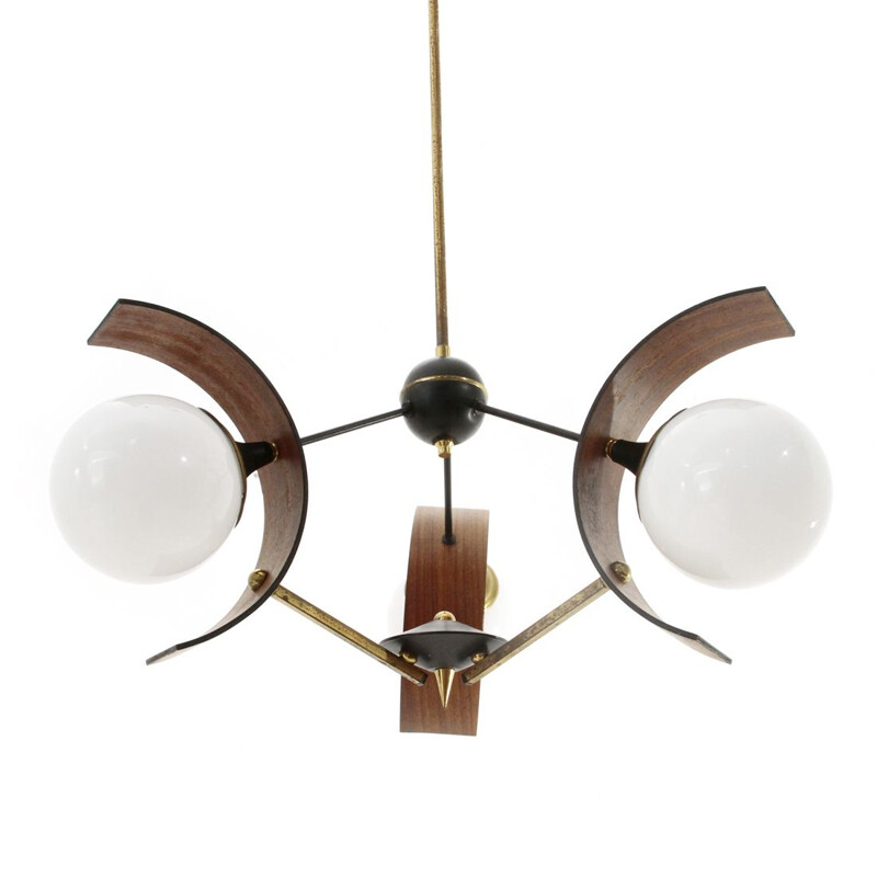Vintage Chandelier with three diffusers in teak, brass and glass, 1960s