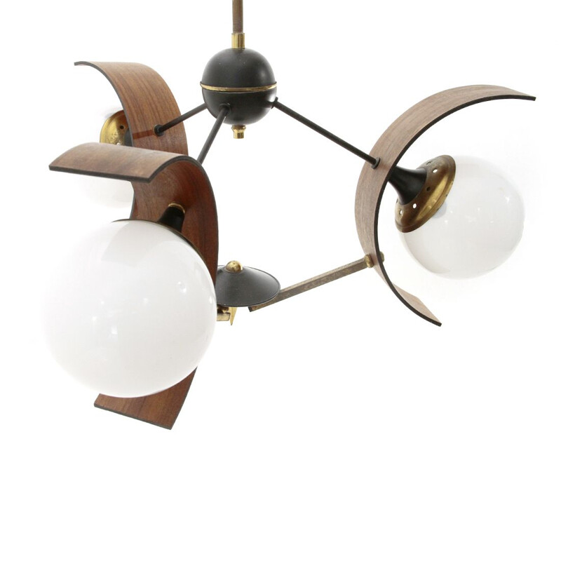 Vintage Chandelier with three diffusers in teak, brass and glass, 1960s