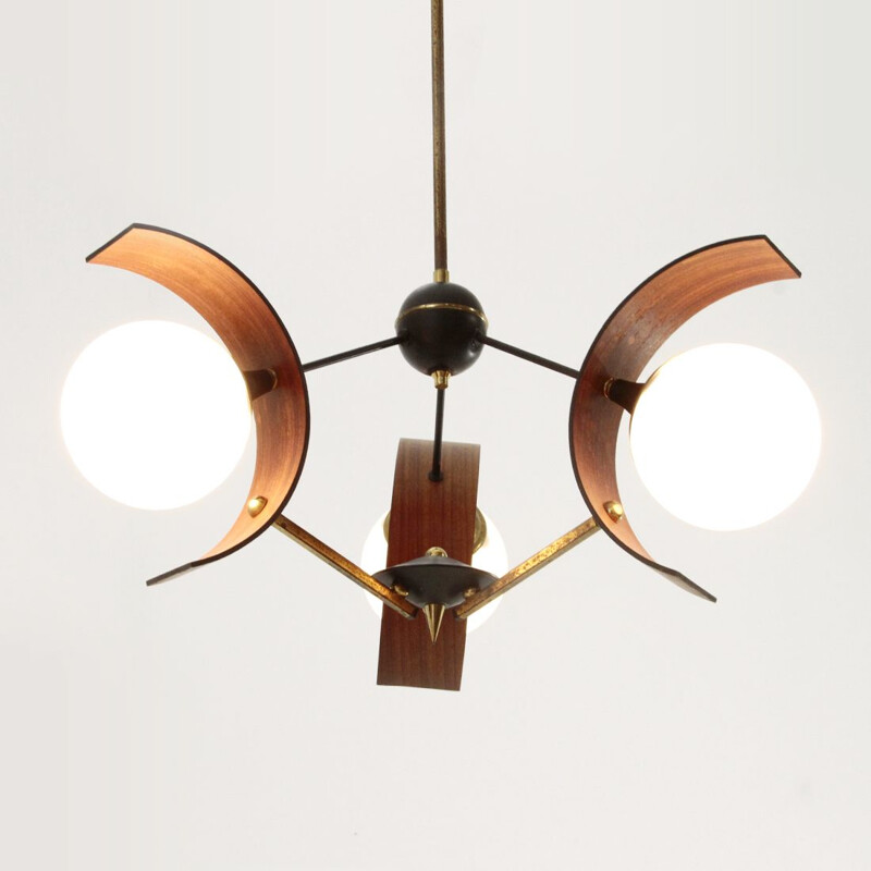 Vintage Chandelier with three diffusers in teak, brass and glass, 1960s