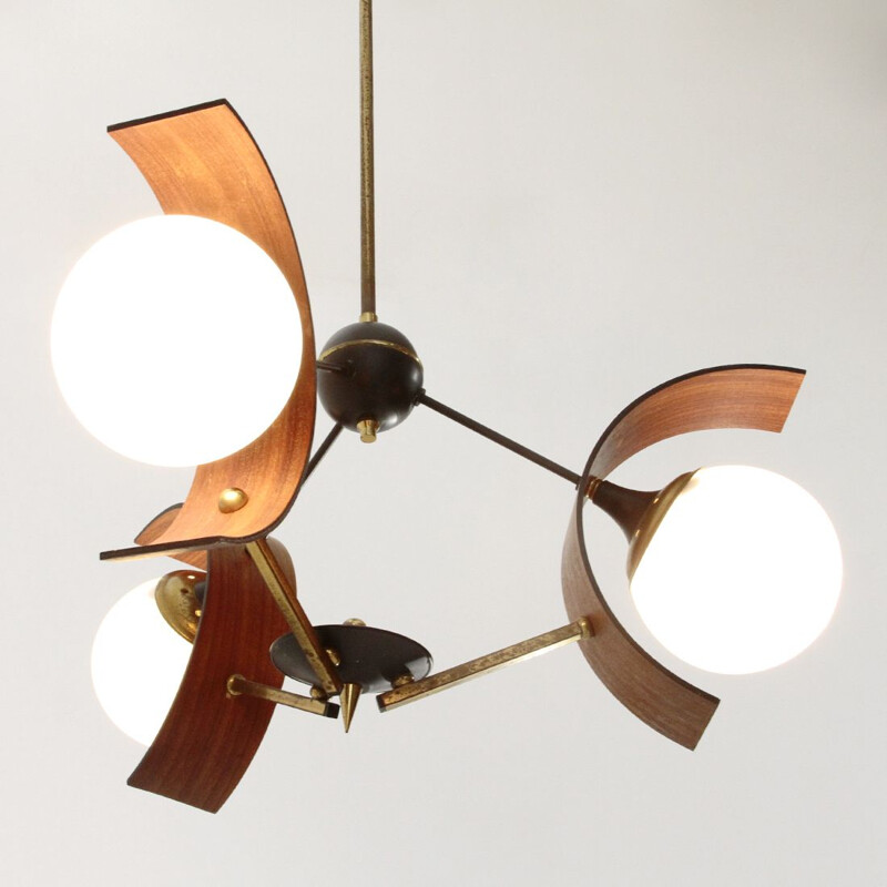 Vintage Chandelier with three diffusers in teak, brass and glass, 1960s