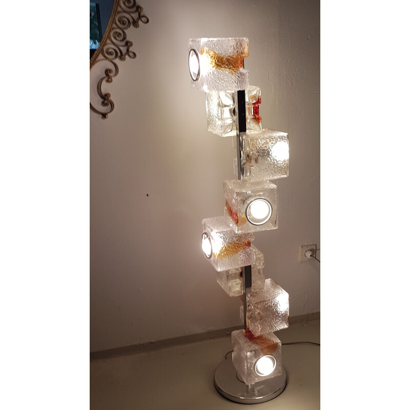 Grand lampadaire vintage avec 8 cubes en verre de Murano par Mazzega italien 1970