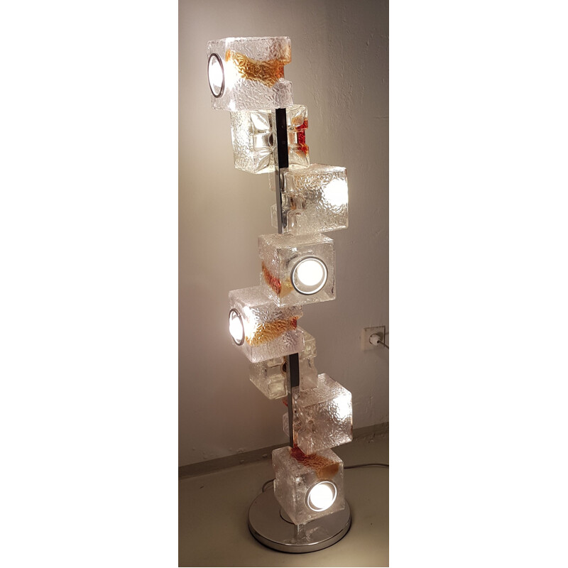 Grand lampadaire vintage avec 8 cubes en verre de Murano par Mazzega italien 1970