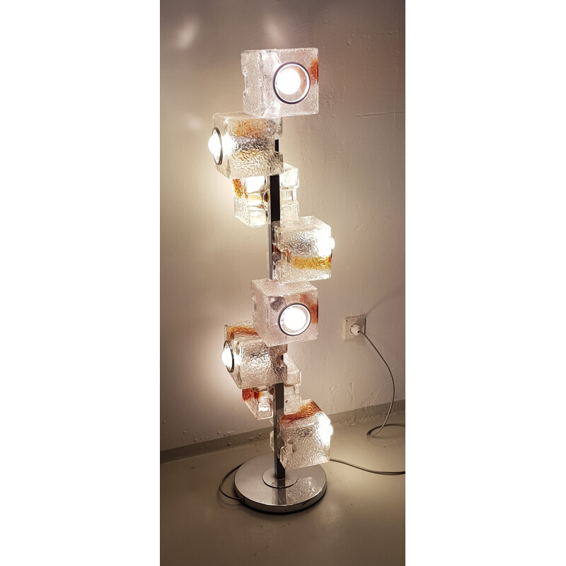 Large Vintage Floor Lamp with 8 Murano Glass Cubes by Mazzega italian 1970s