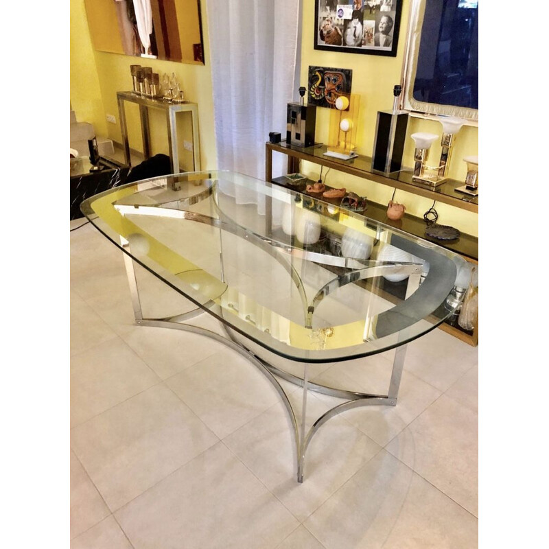 Vintage Glass and Chrome Glass Dining Table by Alessandro Albrizzi, 1970s