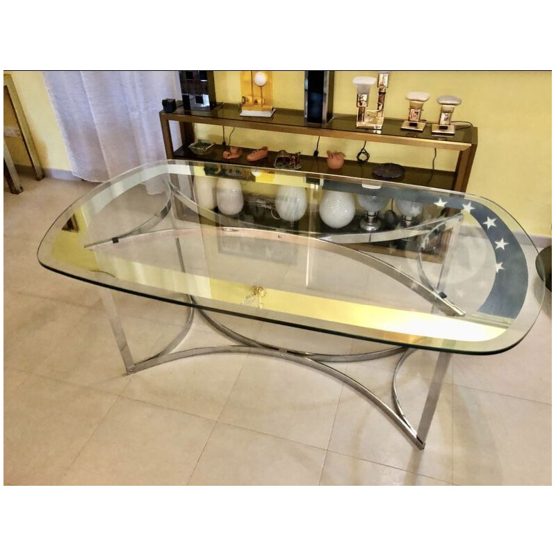 Table à manger vintage en verre et en verre chromé d'Alessandro Albrizzi 1970