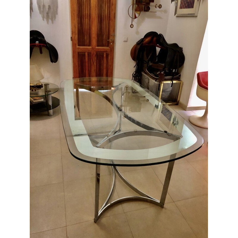 Vintage Glass and Chrome Glass Dining Table by Alessandro Albrizzi, 1970s