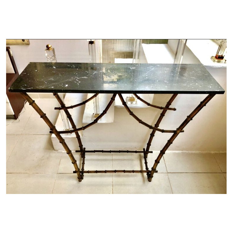 Vintage Console Table with Marble Top Gold Bamboo Pagode 1940s