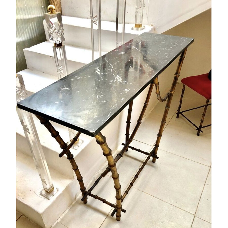 Vintage Console Table with Marble Top Gold Bamboo Pagode 1940s