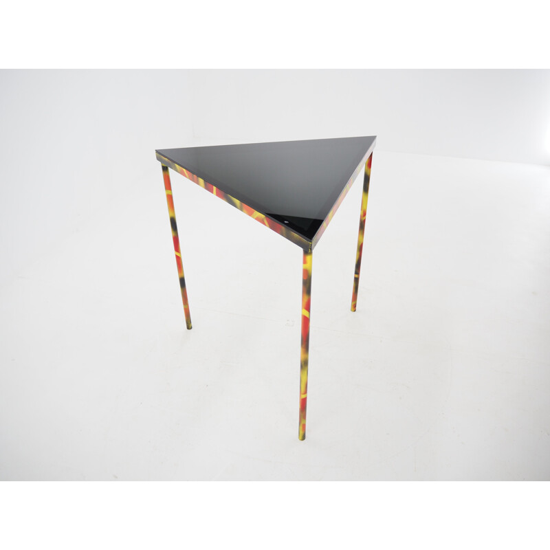 Vintage Industrial Smoked Glass and Steel Triangle Corner Side Table, 1990s