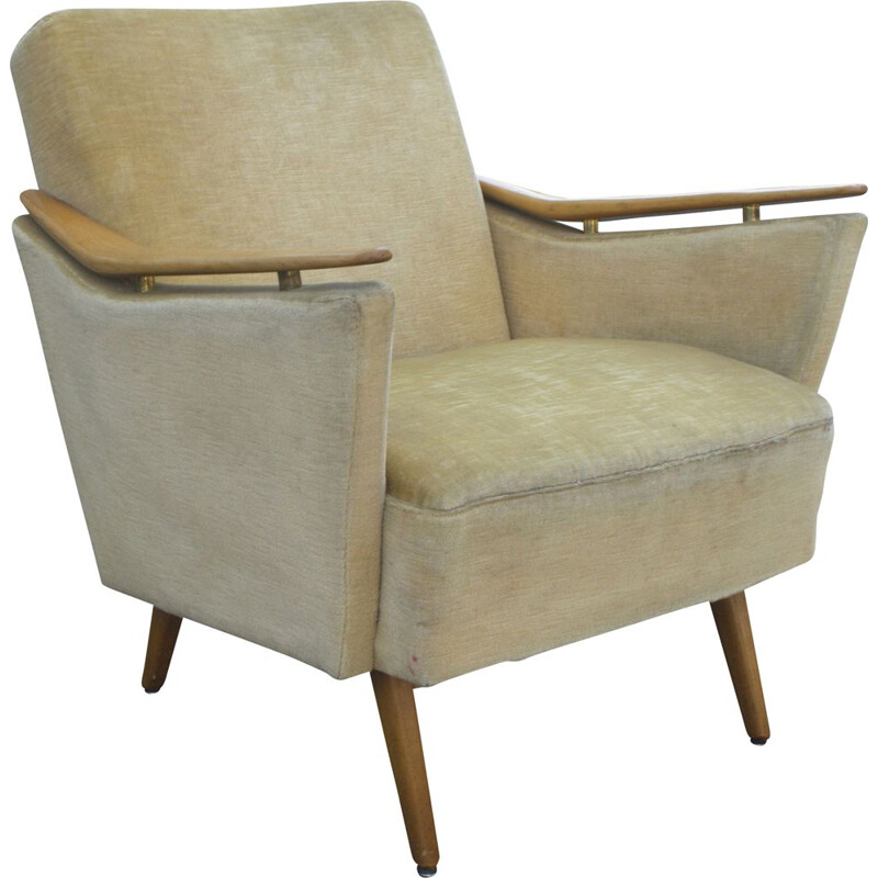 Vintage Armchair in Yellow with wooden Armrests 1950s