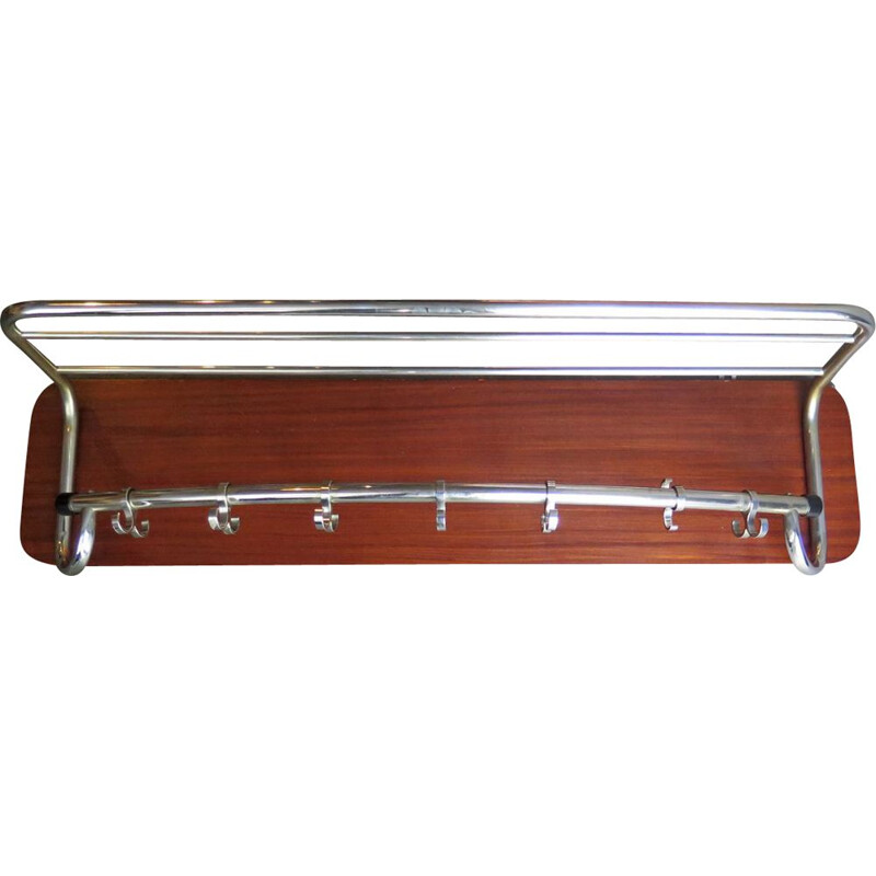 Vintage large chrome rack in a wooden board, 1950s
