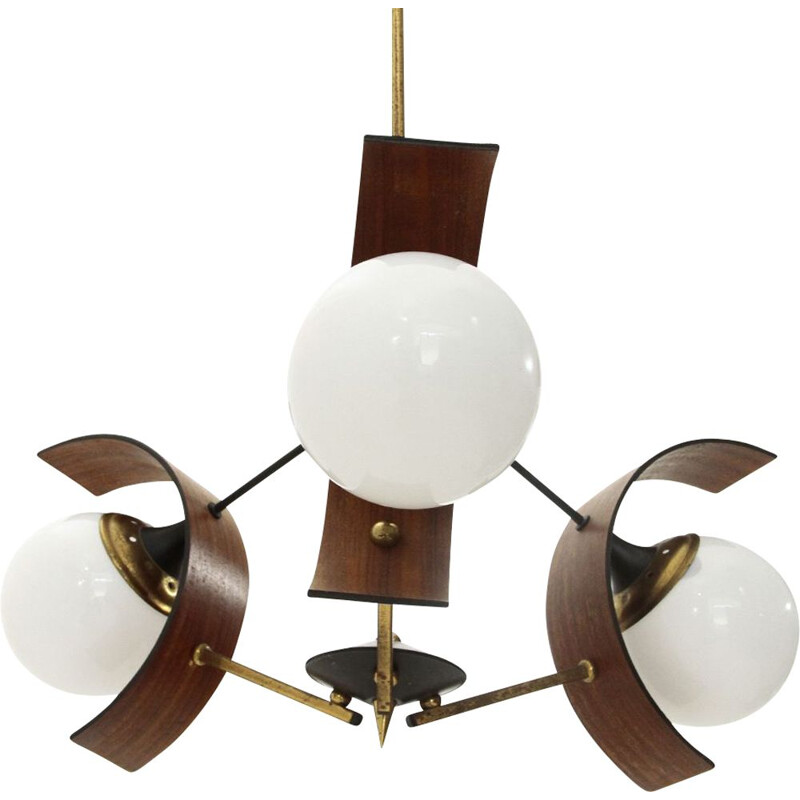 Vintage Chandelier with three diffusers in teak, brass and glass, 1960s