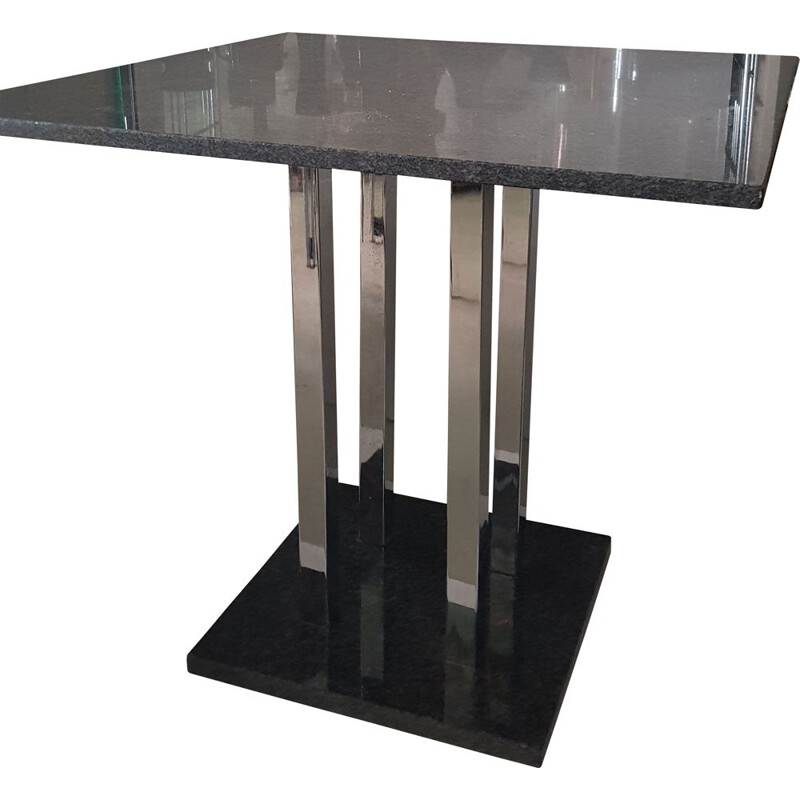 Table Vintage en granit noir avec pieds chromés et base en granit 1980