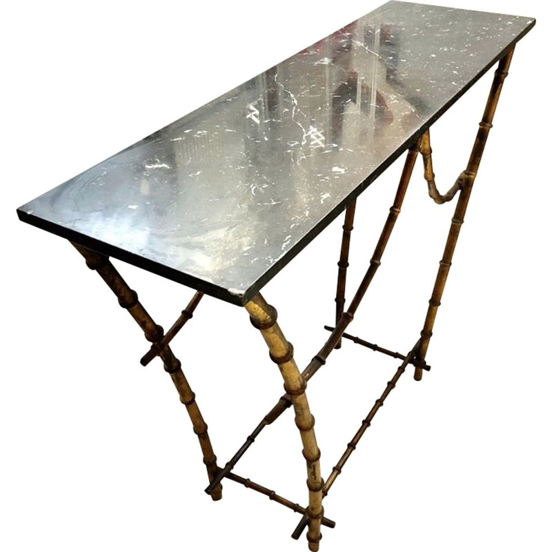 Table console vintage avec dessus en marbre Pagode en bambou doré 1940