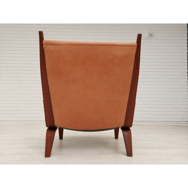 Fauteuil vintage en acajou, cuir H.J.Wegner, GE501A, Danemark 1970