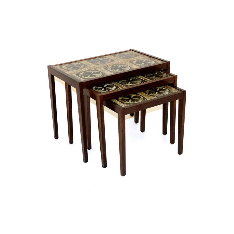 Vintage nesting tables in rosewood and ceramic, Sweden 1960