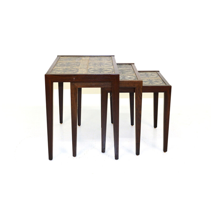 Vintage nesting tables in rosewood and ceramic, Sweden 1960