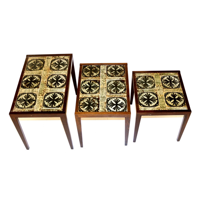 Vintage nesting tables in rosewood and ceramic, Sweden 1960