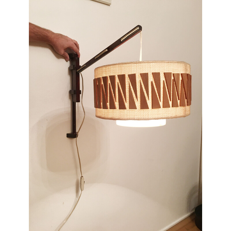 Vintage Round Wall Lamp Natural Colors With Wooden Details Czech 1960s