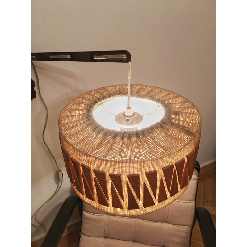 Vintage Round Wall Lamp Natural Colors With Wooden Details Czech 1960s